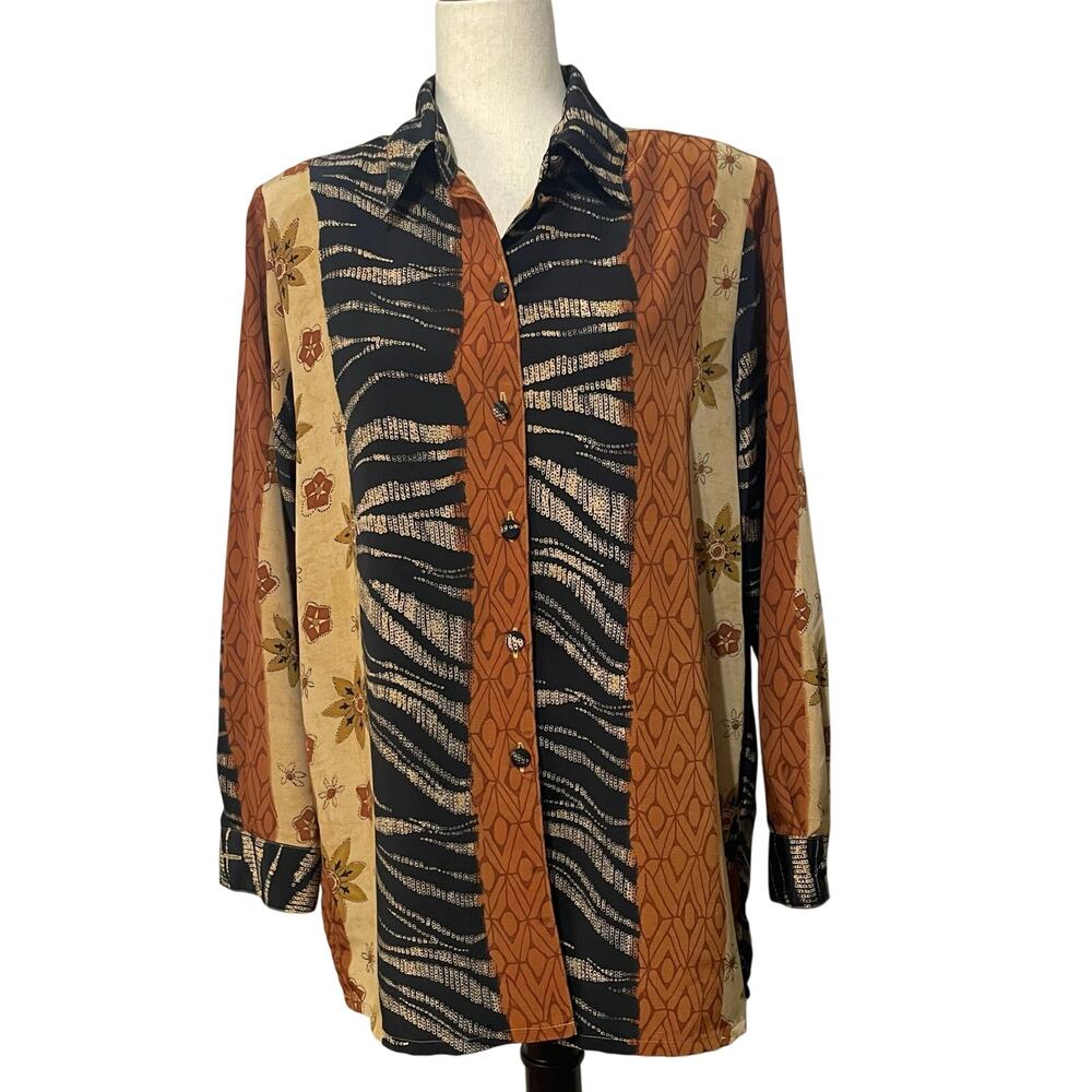 Liz Baker Vintage Mixed Print Button Up Shirt Zebra Floral Women's size M